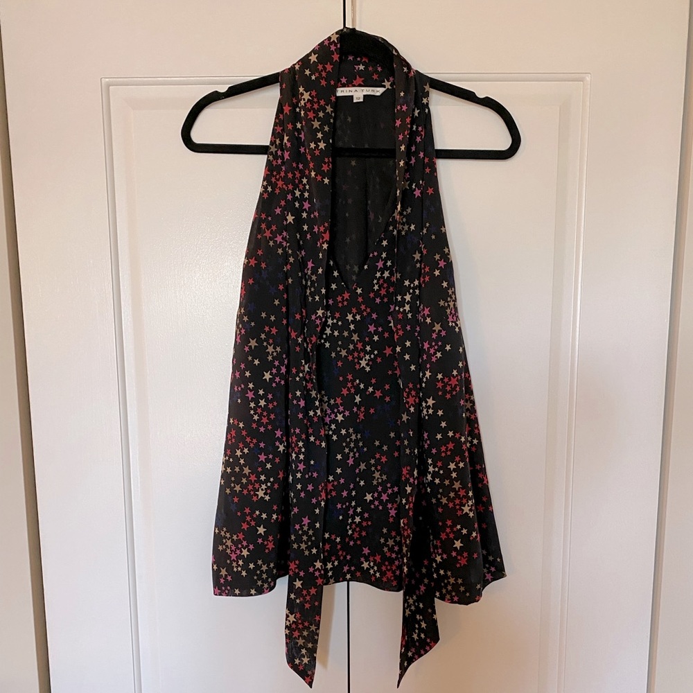 Trina Turk Silk Allover Scattered Star Print Tie Front Top - sz 12 MINT!